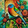 Thick brightly colored bird among flowers by Jan Keteleer (JanKé): A Journey Beyond the Canvas