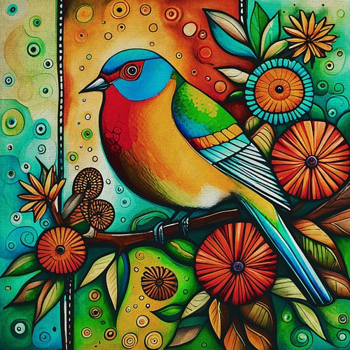 Dikke felgekleurde vogel tussen de bloemen