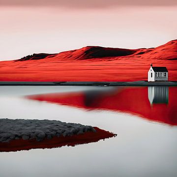 Huizen aan het meer IJsland rood-3 van Manfred Rautenberg Digitalart