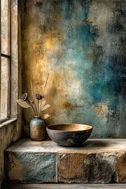 Dark Ceramic Still Life by Window Light in Blue and Ochre by Joriali Fine Art