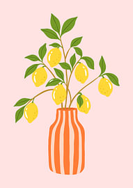 Branches de citronnier dans un vase rayé | Illustration botanique minimaliste