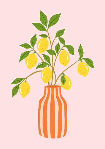 Zitronenzweige in einer gestreiften Vase | Minimalistische botanische Illustration