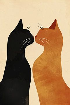 Twee katten in liefdevolle pose met aardetinten van De Muurdecoratie