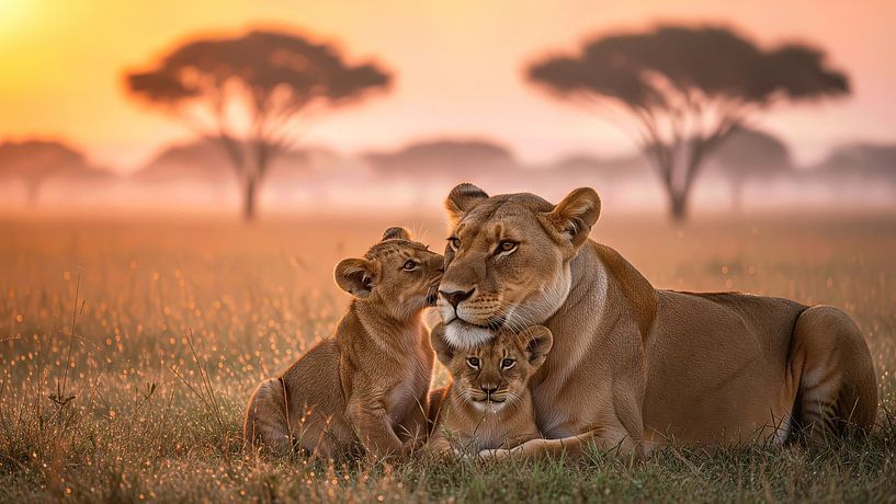 Lioness with Two Cubs in Savannah Landscape by Markus Gann