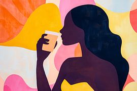 Frauensilhouette mit Getränk und Farbenfrohen Formen von Poster Art Shop