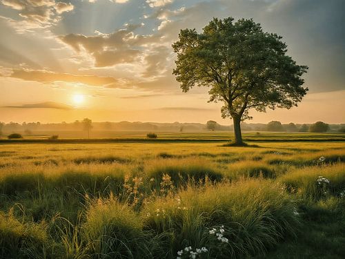 Beautiful Dutch landscape with setting sun