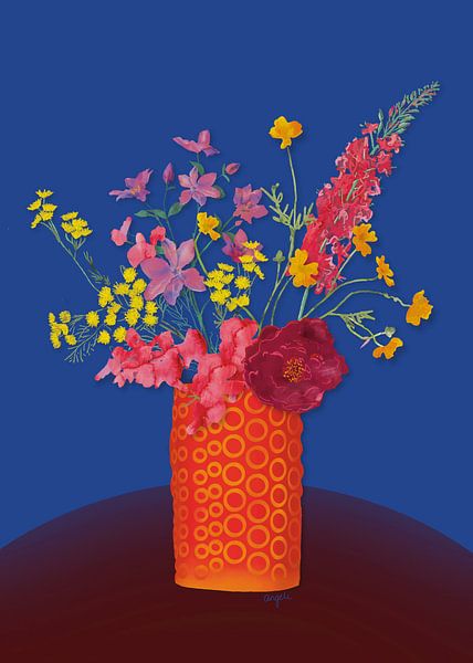 Bouquet champêtre sur vase orange par Angela Peters