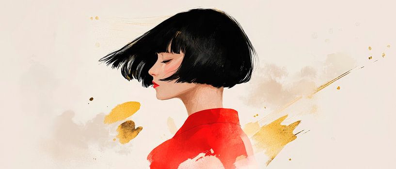Femme en robe rouge et cheveux noirs par Poster Art Shop