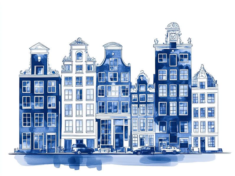 Amsterdam facades in delft blue by Franka Poulain