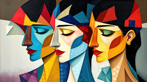 Drie gezichten van vrouwen in een gesloten dialoog, verenigd in een kubistische compositie in Picasso stijl