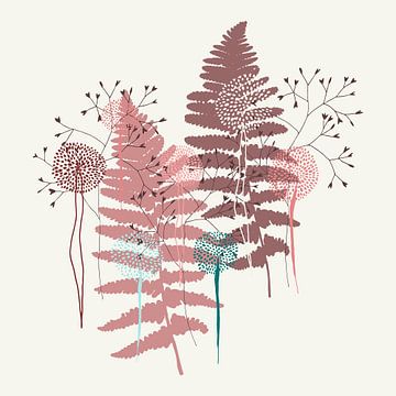 Nordic retro botanical. Fern leaves and flowers in pink and wine red by Dina Dankers