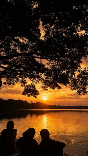 Silhouettes at Sunset over the Lake