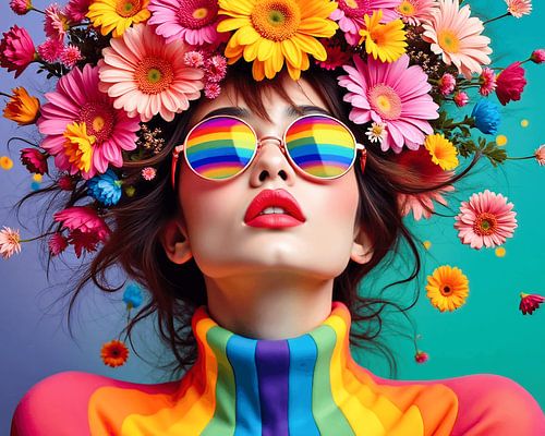 Surrealistisch portret van een vrouw met bril en bloemen
