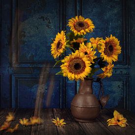 A still life of sunflowers and bees by Cindy Dominika