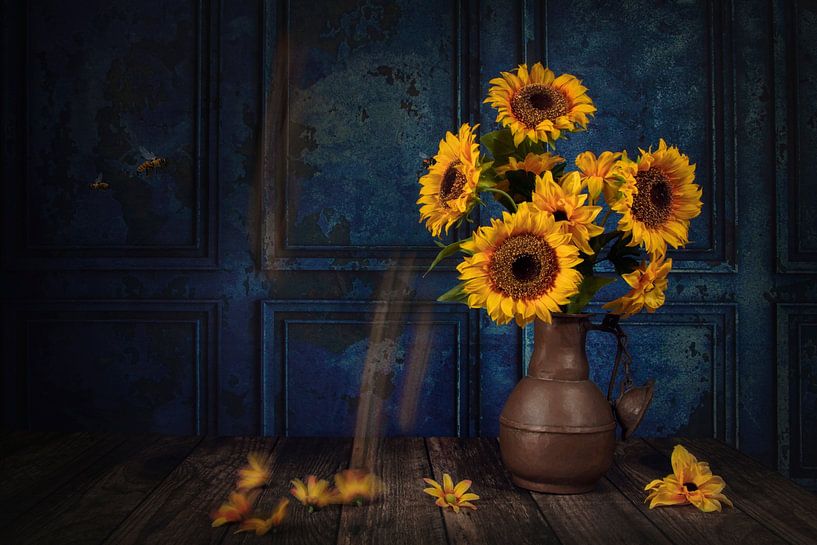 A still life of sunflowers and bees by Cindy Dominika