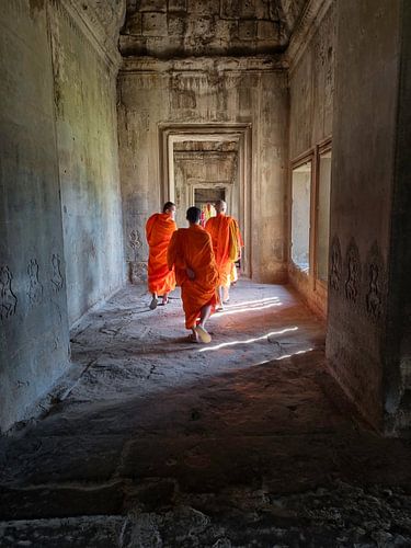 Drei junge buddhistische Mönche beim Betreten des Angkor Wat-Tempels in Kambodscha