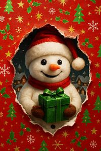 Weihnachtsmann mit Geschenk durch zerrissenes Papier