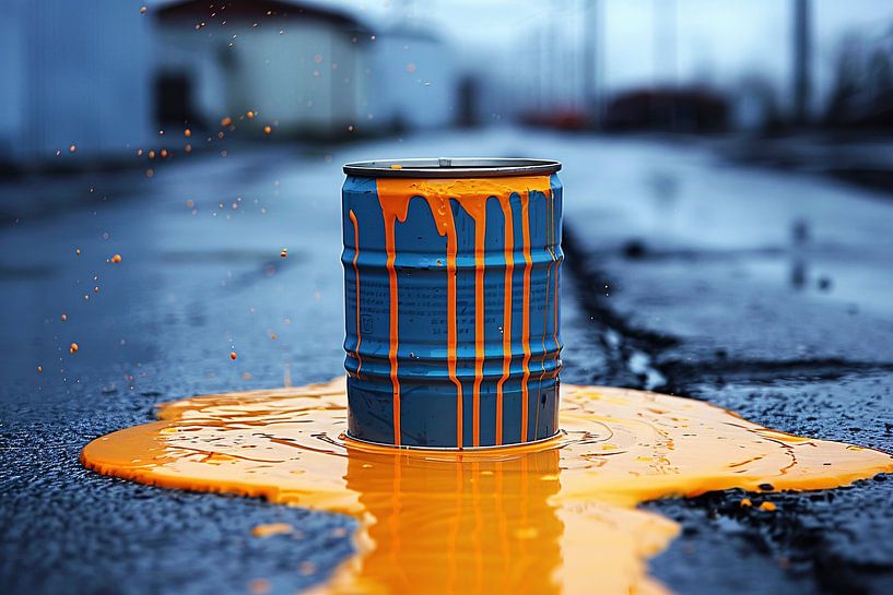 Blauw Vat in Oranje Verf van Art & Soul Creations