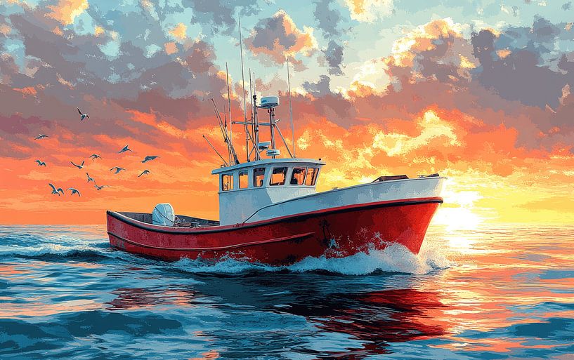 Levendige vissersboten op sereen water van Lufy