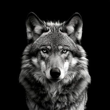 dramatisches Porträt eines Wolfs, der direkt in die Kamera schaut von Margriet Hulsker