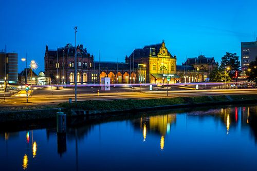 Central Station Groningen, Netherlands, at night (full colour)