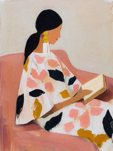 Une femme sereine lit, dans des tons pastel doux