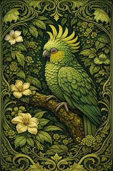 Tropical Green Parrot in Ornate Botanical Frame - Vintage Nature Illustration Wall Art