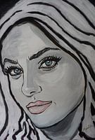 Woman's face - black and white painting - blue eyes