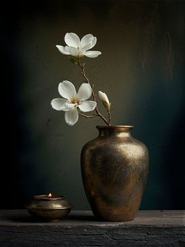 Nature morte intemporelle et sereine : Vase doré avec branche de Magnolia