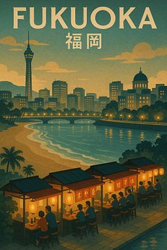 Marchés de nuit de Fukuoka - Impression d'art rétro sur la nourriture de rue japonaise