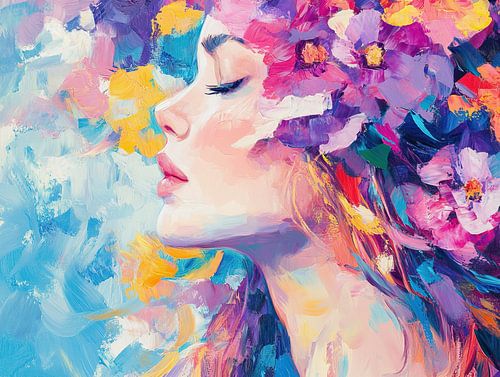 Femme fleurs | Femme rêveuse et fleurs colorées