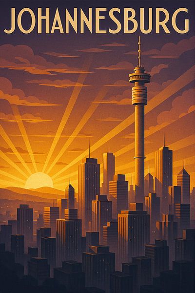 Affiche Art déco de Johannesburg - La ville de l'or au coucher du soleil par Travel Shop