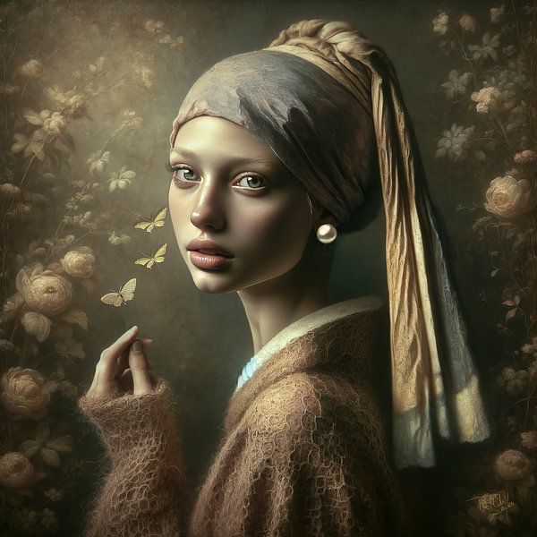Modern Girl with the pareI Johannes Vermeer &quot;Whispers in Bloom&quot; by René van den Berg