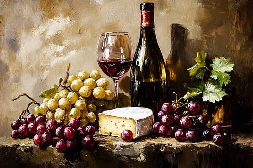 Wijn, kaas en druiven stilleven