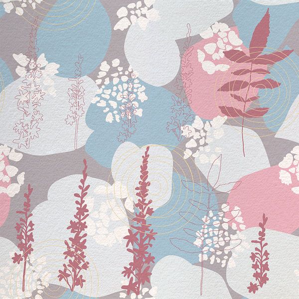 Flowers in retro style. Modern abstract botanical art in purple, pink, blue, grey by Dina Dankers