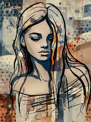Dromerig vrouwelijk portret in mixed media stijl | Modern abstract kunstwerk met warme tinten