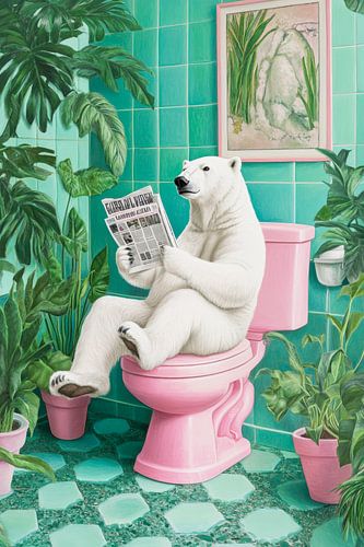 Bear reads newspaper in the bathroom