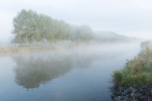 Een mistige ochtend langs de Leie in Kortrijk, Belgie