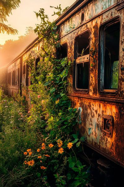 Overgrown train compartment in the morning light by Poster Art Shop