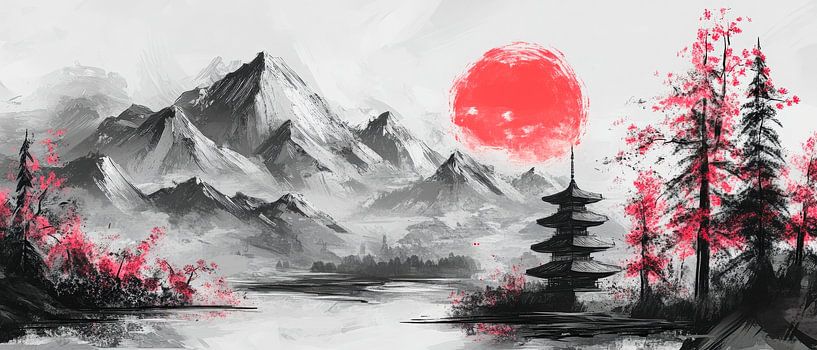 Asian mountain landscape with sun by Poster Art Shop