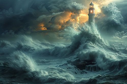 Dramatic Lighthouse Amidst Stormy Sea And Dark Clouds North Sea