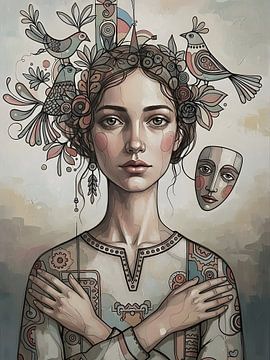 Symbolische vrouwenillustratie met vogels en decoratieve patronen