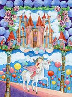 A fairytale of a princess on a unicorn in a fairytale castle