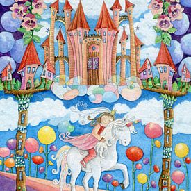 A fairytale of a princess on a unicorn in a fairytale castle by Sonja Mengkowski