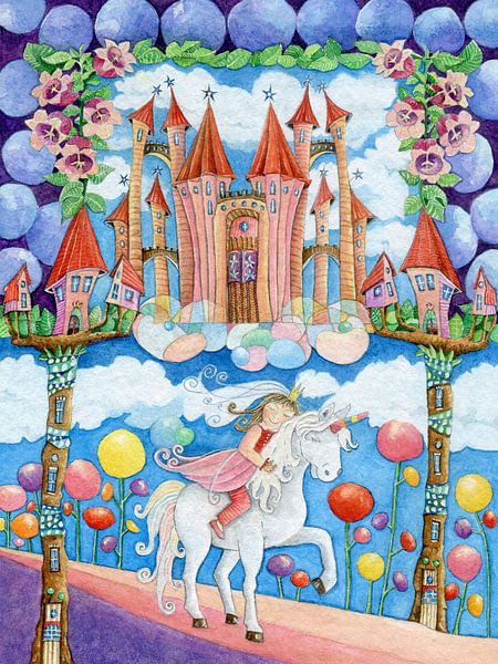 Un conte de fées d'une princesse sur une licorne dans un château de conte de fées par Sonja Mengkowski