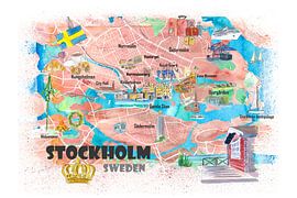 Carte illustrée de Stockholm Suède avec les rues, les curiosités et les points forts les plus import