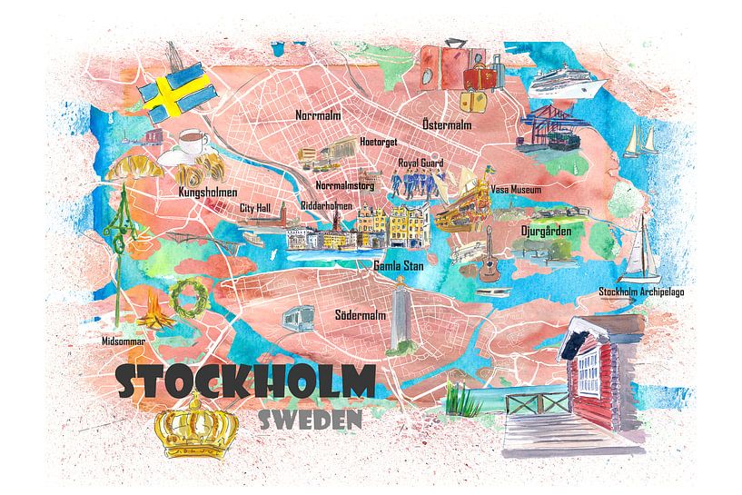 Geïllustreerde kaart van Stockholm Zweden met de belangrijkste straten, bezienswaardigheden en hoogt van Markus Bleichner