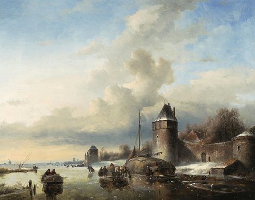Bevroren Winter Rivierlandschap bij de ingang van een stad, Andreas Schelfhout