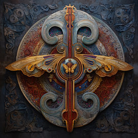 Kreuz mit goldenen Flügeln und dekorativem Symbol von TheXclusive Art