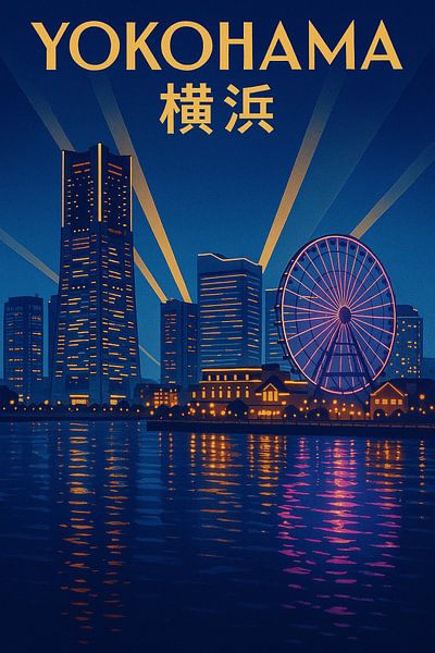 Yokohama Harbor Dämmerung - Art Deco Skyline &amp; Riesenrad leuchtet von Travel Shop